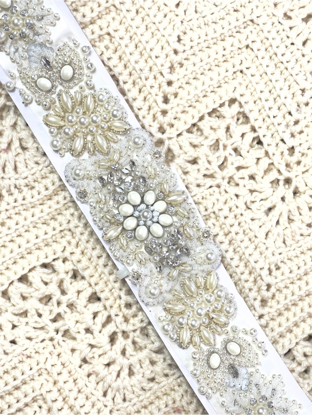 David's Bridal Ivory and Silver Floral Beaded Bridal Sash